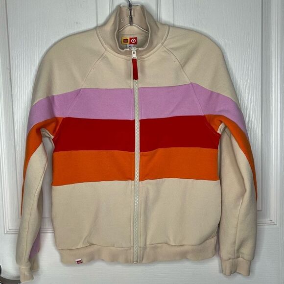 Lego Sz XS Zip Up Sweatshirt Colorblock Stripes Tan Purple Red Orange - Picture 13 of 13